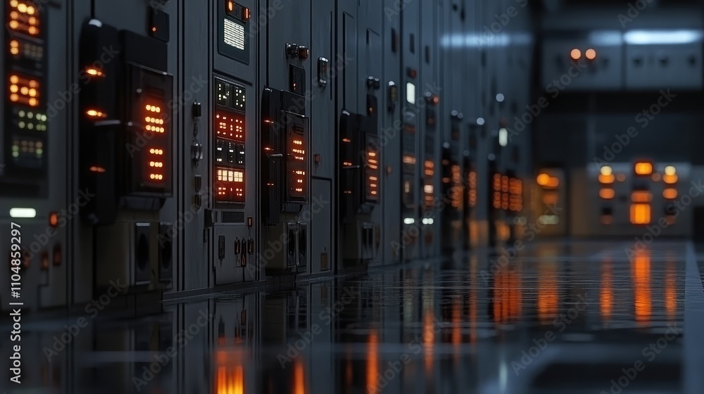 Aufkleber futuristic control room with illuminated panels and reflections on floor, highlighting advanced tech