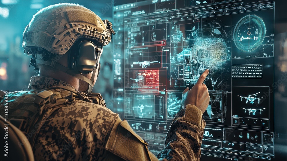 Poster Advanced military command operations high-tech command center digital interface tactical environment soldier engagement high-tech military strategies