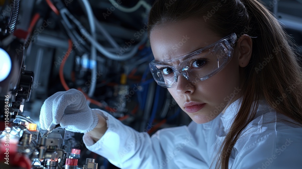 Poster young engineer working on circuit board tech lab portrait industrial setting close-up innovation and