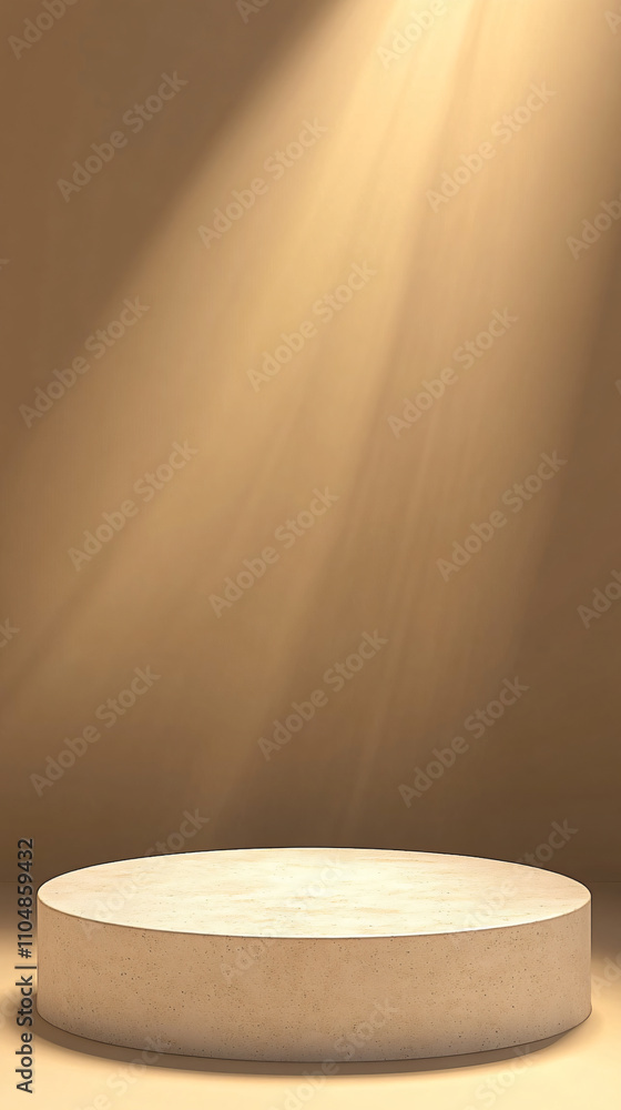Poster a circular concrete platform bathed in warm light, creating a serene atmosphere for showcasing produ