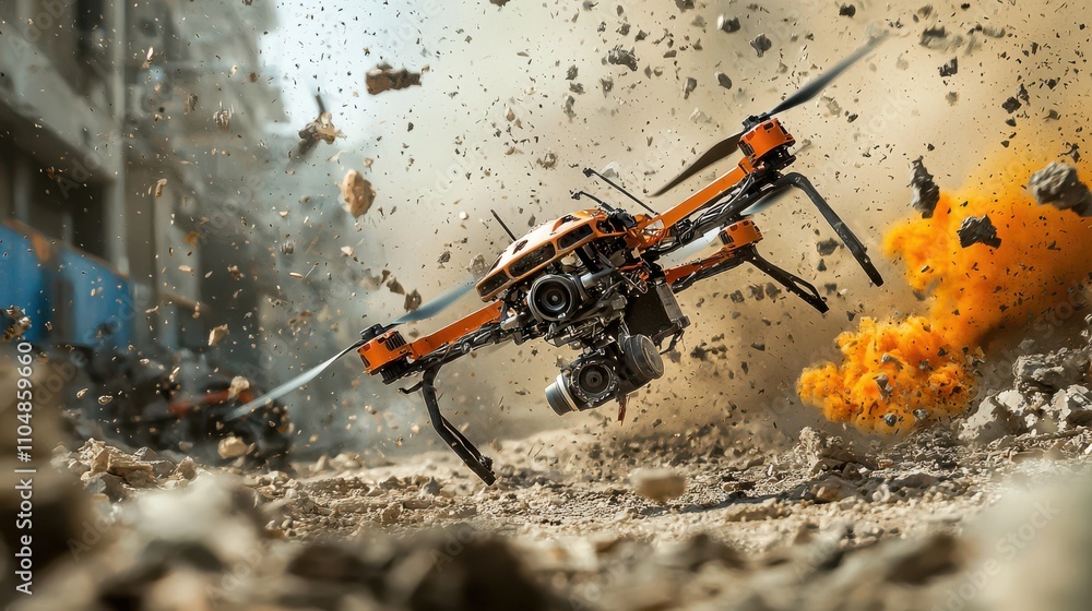 Poster explosive drone demonstration homemade quadcopter drone equipped with explosive charge in urban envi
