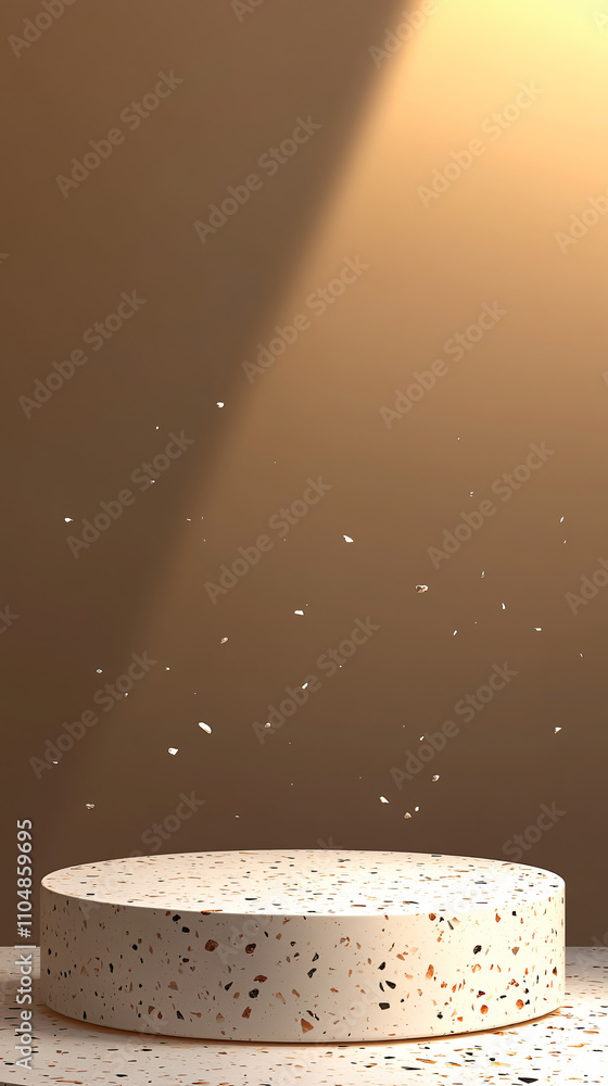 Aufkleber a round speckled platform with floating particles illuminated by soft light, creating a dynamic and 