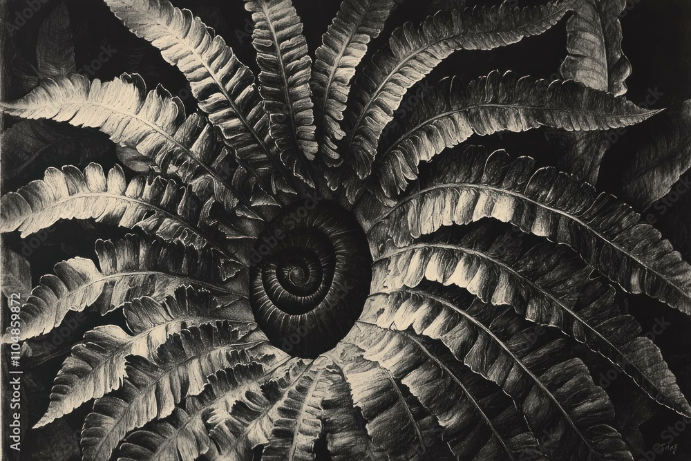 Poster spiraling fern leaves in a monochromatic black and white pattern, creating a striking visual effect 