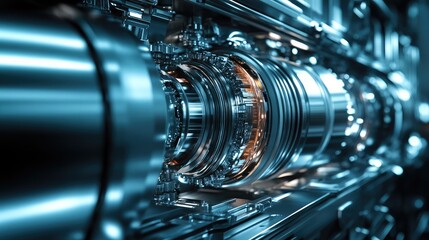 Close-up View of Futuristic Metallic Engine Components Featuring Intricate Details and Gleaming Surfaces in an Advanced Technology Setting