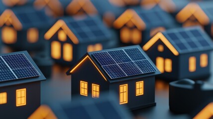 Interconnected homes with glowing solar rooftops feeding into a virtual energy grid, renewable peak energy concept