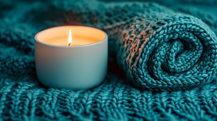 Soft Candle Light on Cozy Knitted Blanket
