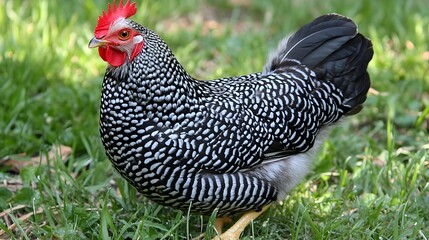 Silver Laced Wyandotte Hen in Lush Green Grass