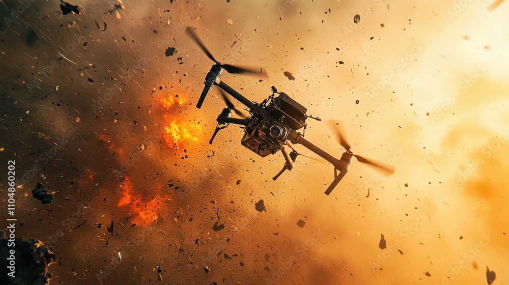 Poster dramatic drone deployment in a modern war zone precision delivery amidst chaos and destruction