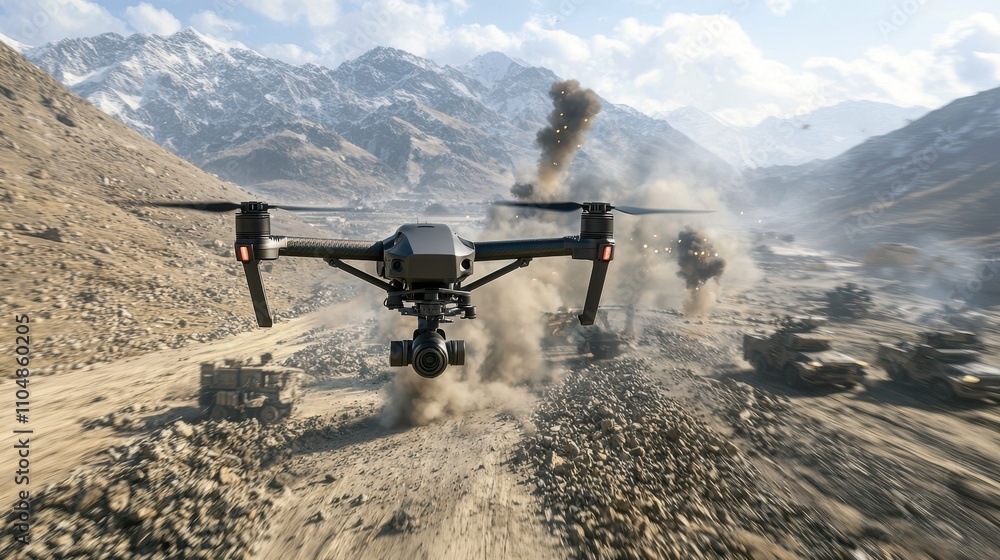 Poster modern warfare scene featuring drone operations in a mountainous battlefield a dynamic perspective o