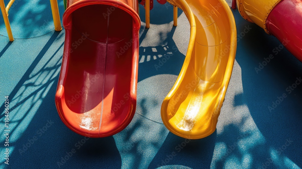 Poster colorful playground slides in bright sunshine, featuring red and yellow slide structures over a soft
