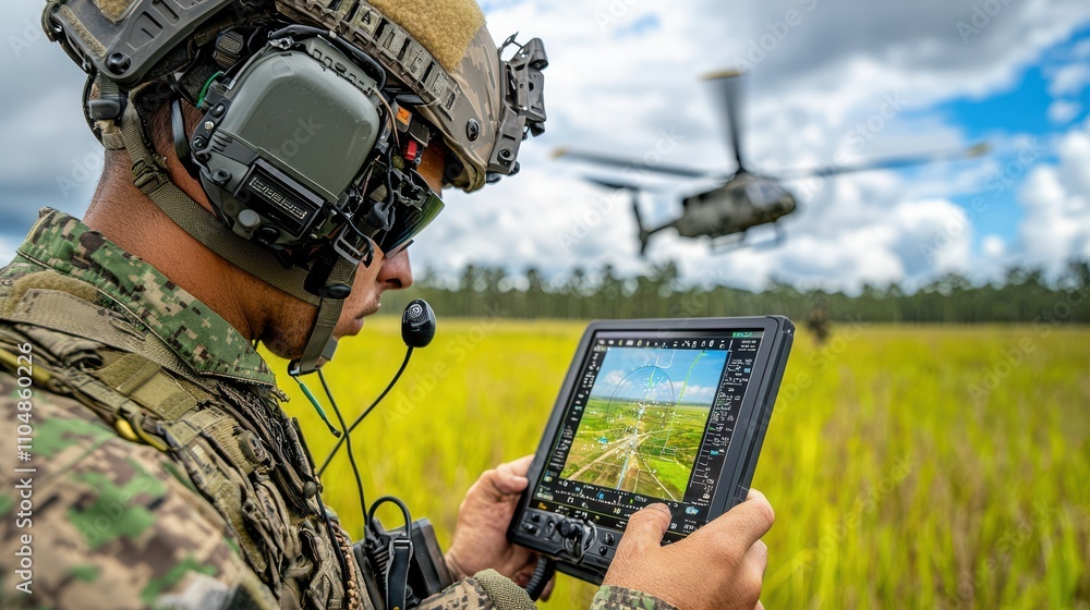 Aufkleber realtime drone footage displayed on a soldier's wearable device during tactical operations military 