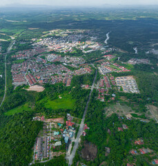 Aerial drone view of Malaysian town at Mentakab, Pahang, Malaysia.