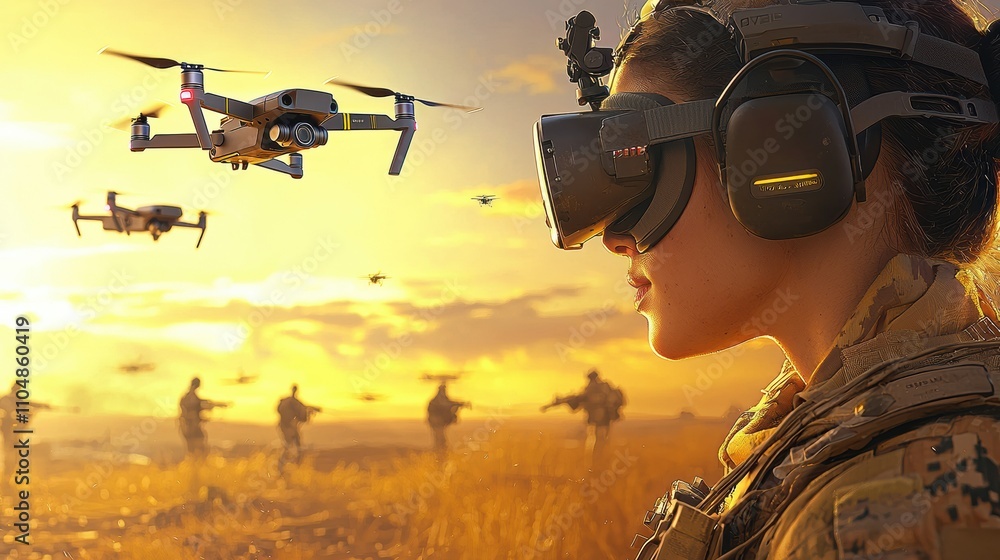 Poster Dynamic communication soldier engaging with squad while managing standard operations in a tactical field environment