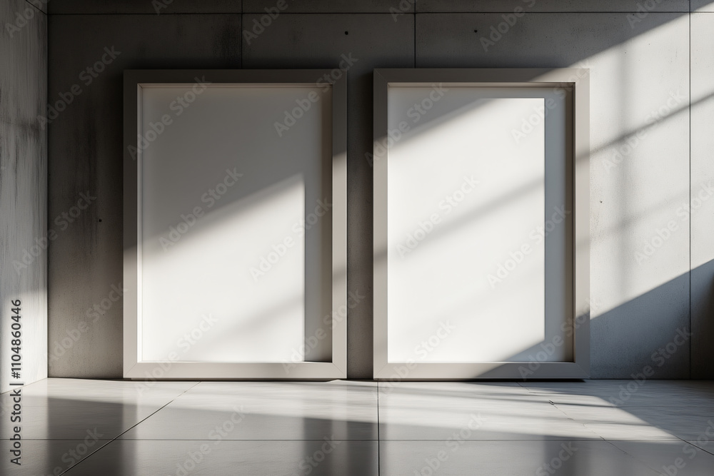 Poster a modern gallery space with two empty frames on a concrete wall illuminated by sunlight, creating a 