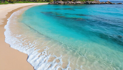 Obraz premium Tranquil Summer Beach with Turquoise Ocean Waves and Scenic Green Cliffs for Idyllic Escape.
