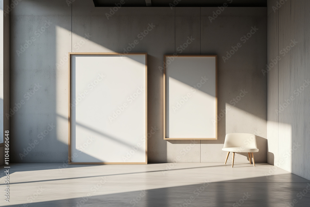 Poster a modern gallery space featuring two empty frames on a concrete wall with a minimalist chair, illumi