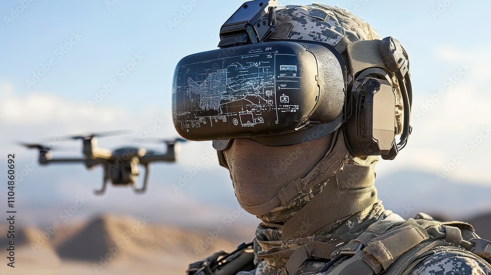 Poster soldier utilizing augmented reality goggles to control drone operations in tactical scenarios milita