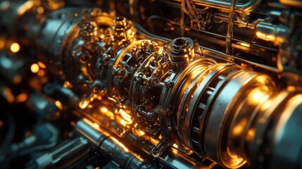 Fototapeta premium Close-up of a complex, glowing metallic engine mechanism with intricate gears and tubing.