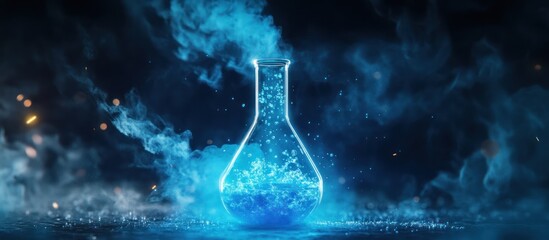 A glass flask filled with glowing blue liquid and smoke,  set on a dark surface.