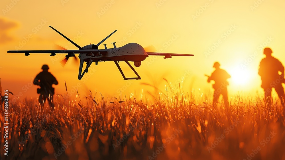 Aufkleber tactical drone landing near soldiers after successful mission military field action sequence sunset 