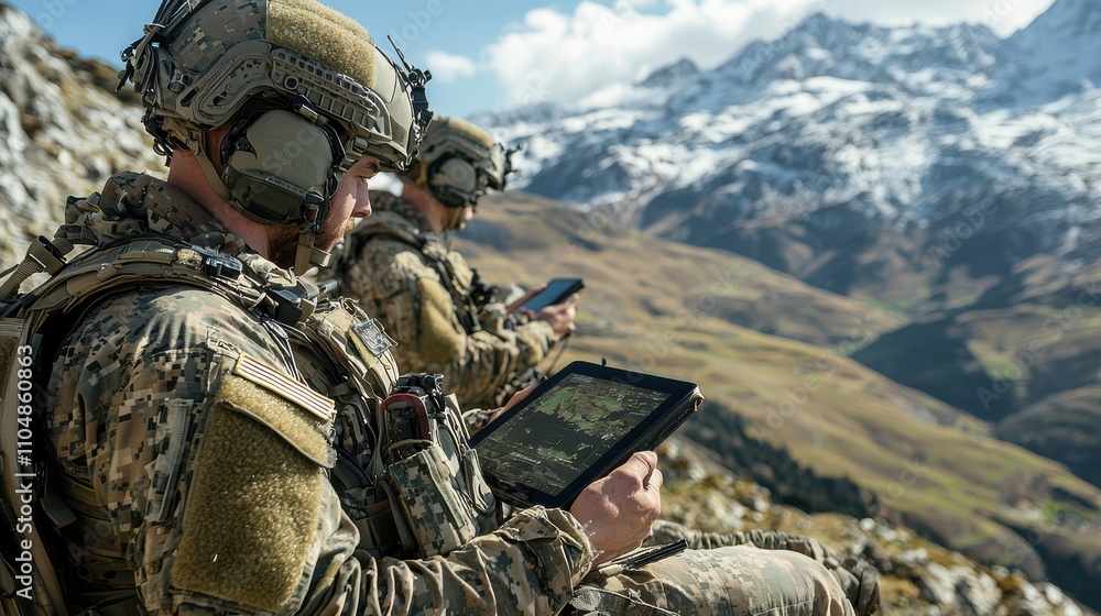 Leinwandbilder Tactical operator utilizing touchscreen tablet to navigate operations in rugged mountain terrain a strategic overview of modern warfare technology and its impact on field decision-making