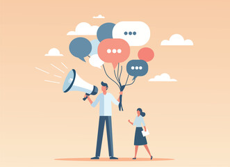 A man holding a megaphone and speech bubble balloons, standing with a woman holding documents. Perfect for communication,  speaking, marketing, teamwork, and spreading ideas in a modern illustration.