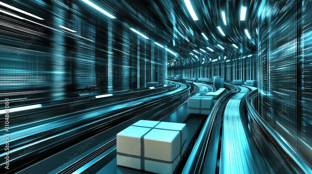 Aufkleber futuristic automated conveyor system with fast-moving packages in a high-tech environment featuring 