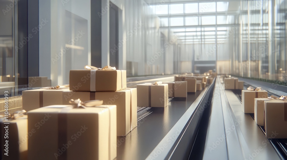 Aufkleber a busy distribution center with rows of cardboard boxes on a conveyor belt surrounded by a modern wa