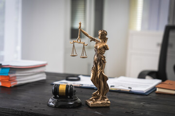 An empty desk in a lawyer's office symbolizes professional legal consulting. Freelance legal consultants assist with reviewing business law, inheritance management, civil and criminal cases, company