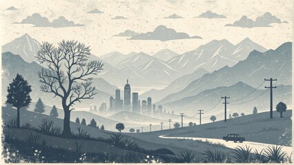 Obraz premium Serene landscape with mountains and a distant city skyline