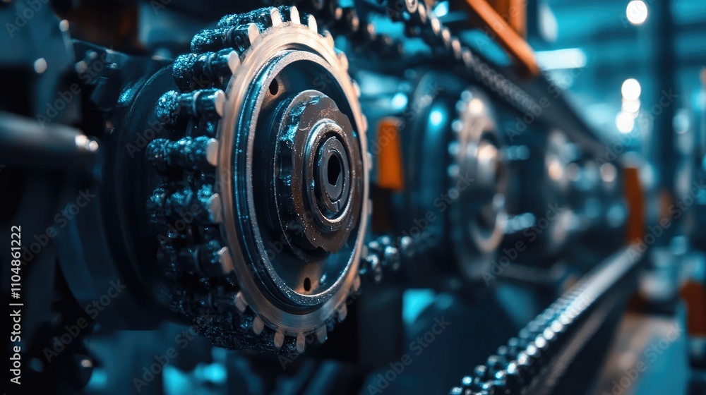 Aufkleber close-up view of industrial gear mechanism with chains and cogs, representing advanced technology an