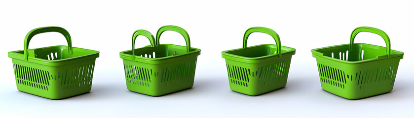 Green Plastic Shopping Baskets, Four Views of a Reusable Shopping Container on White Background
