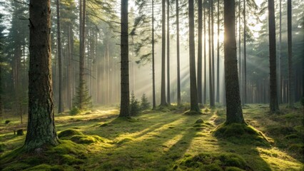 Fototapeta premium Sunlight streaming through a serene forest landscape