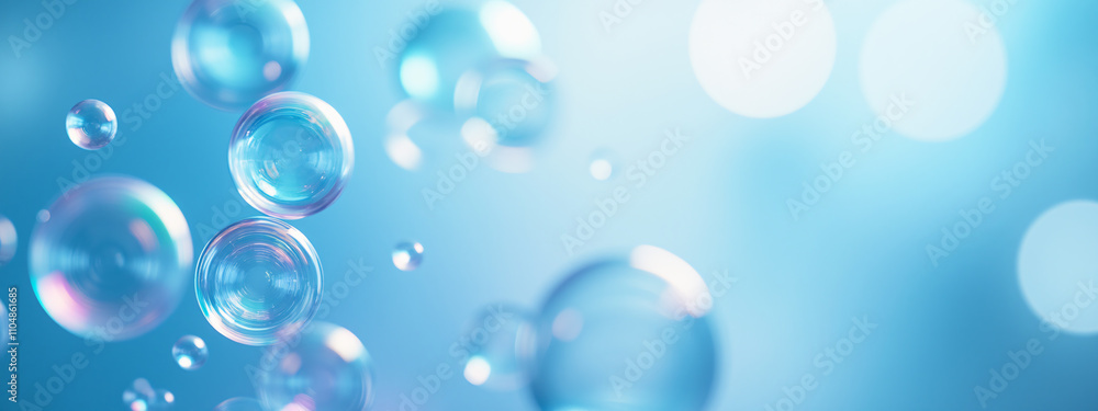 Poster a close-up view of translucent bubbles floating against a soft blue background, creating a clean and