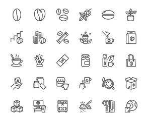 Vector simple line icon set of coffee market and coffee bean related things on white background, world famous drink and price increase concept, 48x48 pixel perfect icon editable stroke line for design