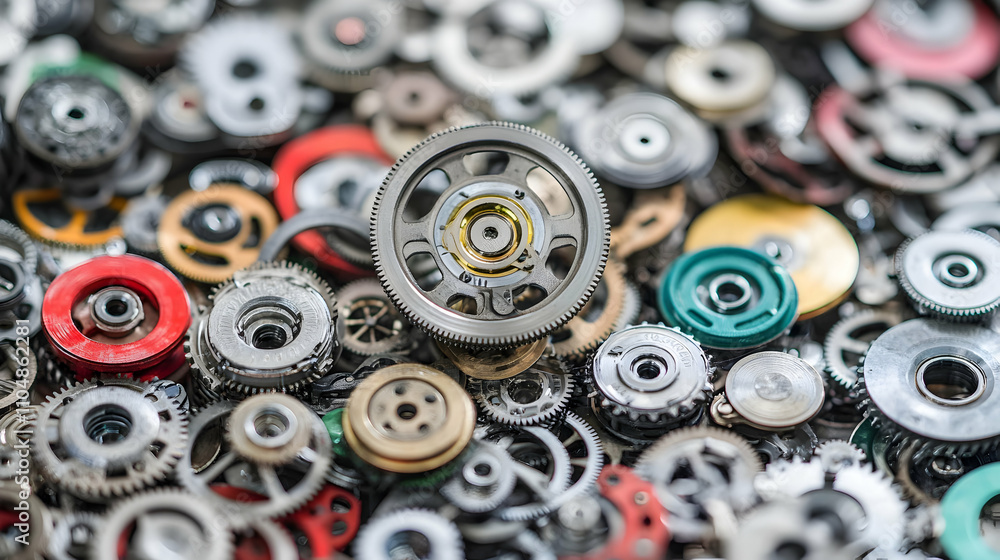 Poster intricate gear mechanisms, a colorful array of clockwork parts