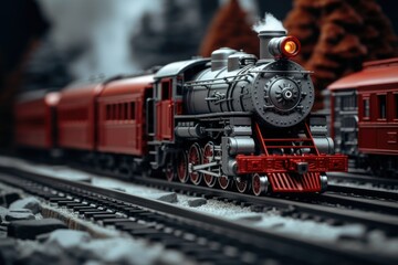 Obraz premium The Intricate Details of a Red and Gray Train Miniature Handcrafted with Meticulous Precision Transporting Onlookers to an Era of Steam and Exploration