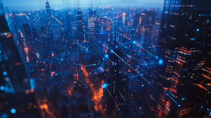 Obraz premium Smart digital city with connection cyber security network reciprocity over the twilight cityscape.future wireless digital city and social media networking systems that connects people within the city 
