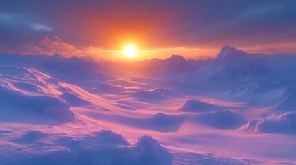 Vibrant sunset over snowy mountain range.