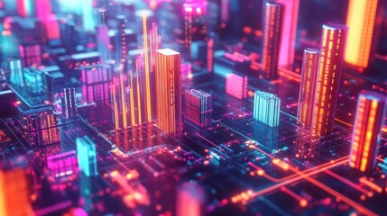 Obraz premium Futuristic neon city on a circuit board.