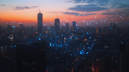 Smart digital city with connection cyber security network reciprocity over the twilight cityscape.future wireless digital city and social media networking systems that connects people within the city	