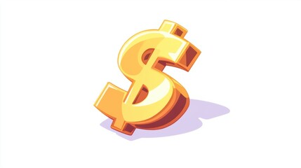 Obraz premium Shiny gold dollar sign in a bold cartoon style, leaning slightly to the left, isolated on white