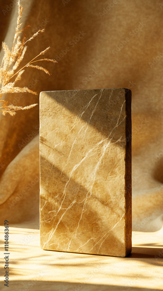 Poster a close-up shot of a natural stone with a marbled texture, illuminated softly to highlight its uniqu