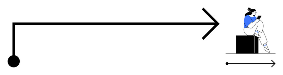 Woman sitting comfortably on a bench while reading a book, positioned next to a large evolving arrow symbolizing growth and movement. Ideal for themes thumbs up education, direction, progress