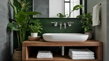 A bright modern bathroom featuring a white A bathroom featuring a sink white towels and an white bowl on the countertop merroir,
