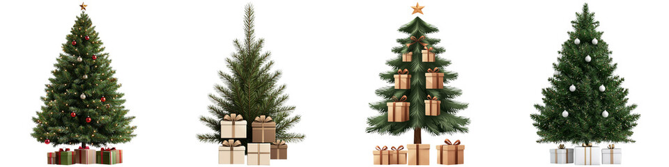 Fototapeta premium Christmas tree isolated, Four festive Christmas trees, adorned with decorations and surrounded by wrapped presents, showcasing holiday spirit.