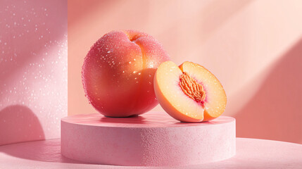 A beautifully staged peach with water droplets, cut in half to reveal its juicy interior, set against a soft pink background for food photography and still life.