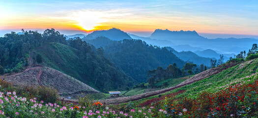 Majestic morning sunrise in the mountains landscape in thailand.
