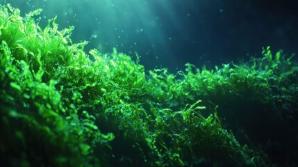 Fototapeta premium Lush green aquatic plants underwater, illuminated by sunlight.