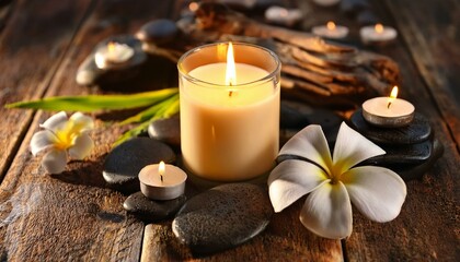 Firefly Beautiful spa composition with candle, frangipani flower and other decor elements